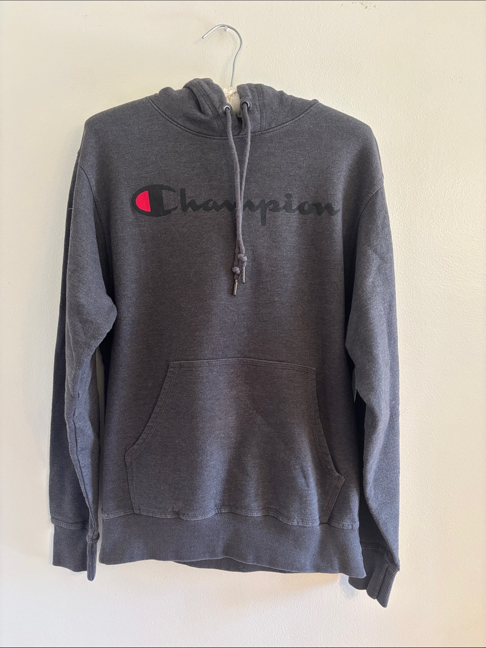 Champion Hooded Sweatshirt in Charcoal Gray with Red Logo Accent